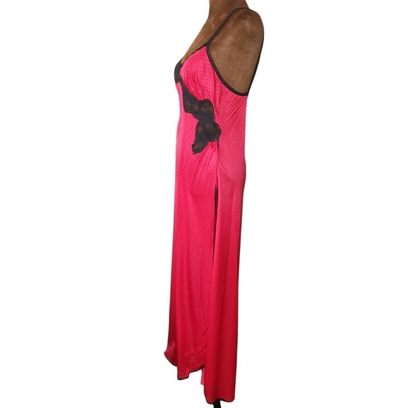 Vintage Vanity Fair Slip Dress Size XS Red Polka Dots Lace High Side Slit Long - Picture 3 of 8